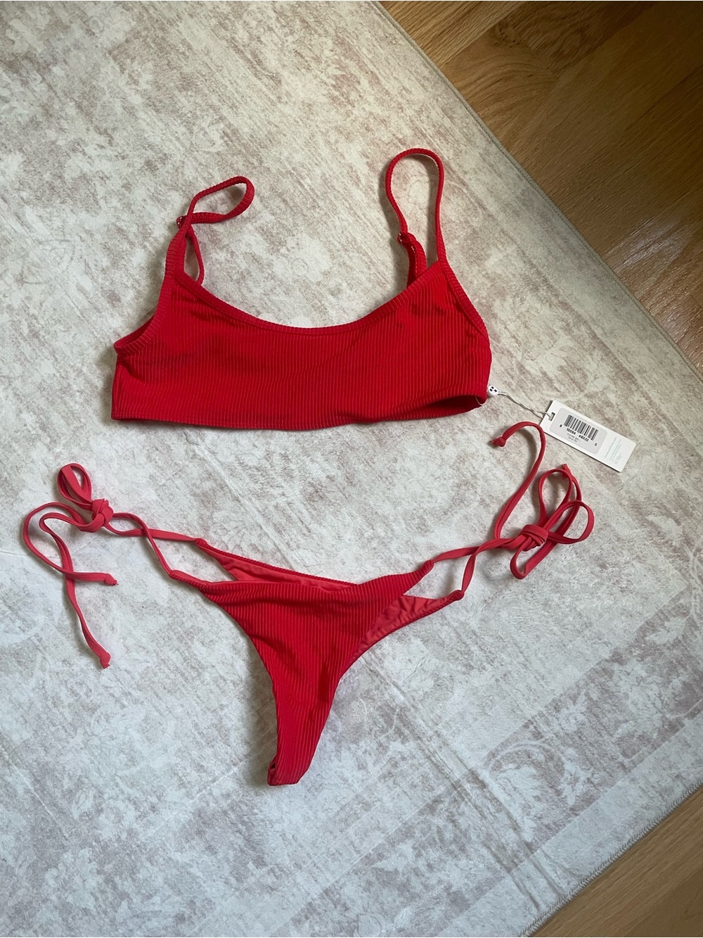 Frankie's Bikinis Red Ribbed Tie-Side Bikini Set